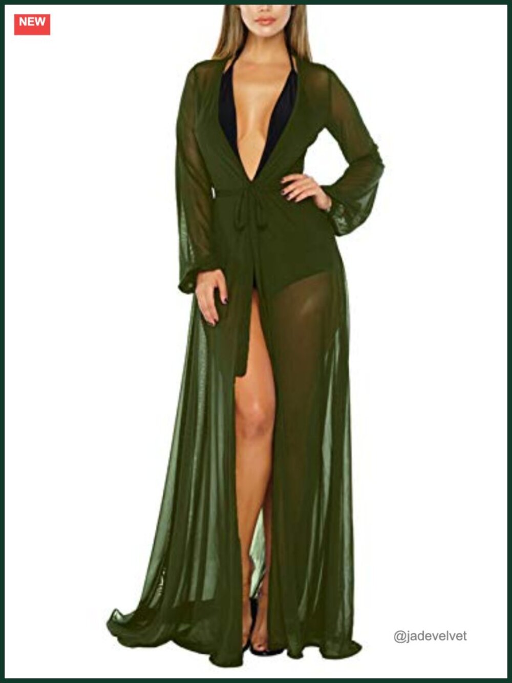 Flowy Maxi Swim Cover Up Tie Front Robe Long Sleeve